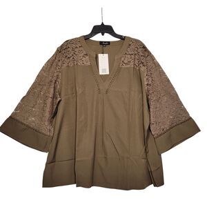 Amzplus Women's Plus Lace Casual V-Neck 3/4 Sleeve Loose Army Green Blouse 5XL